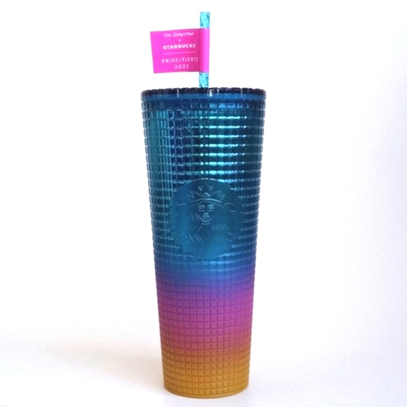 Starbucks Ombre Blue Mustard Pink Grid 24 oz Cold Cup Tumbler w Lid & Straw NWT - Picture 13 of 14